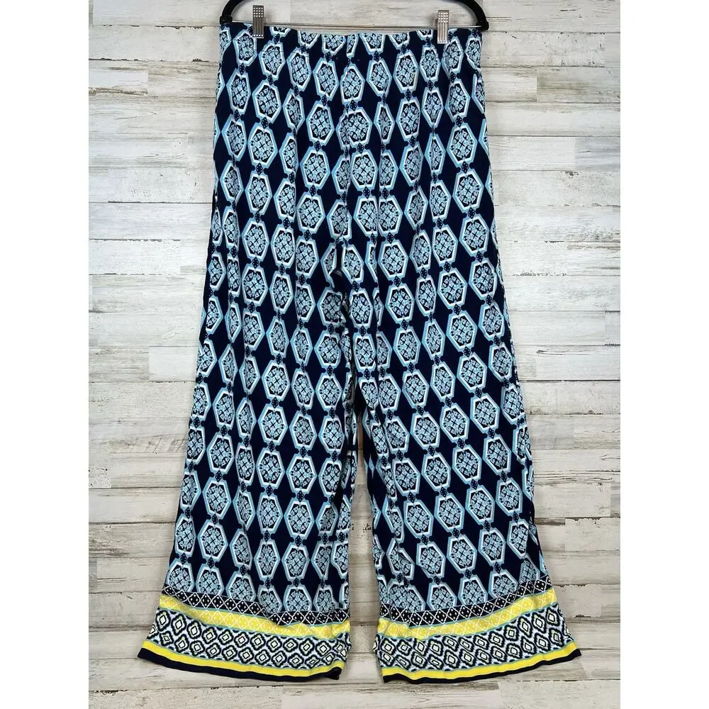 Crown & Ivy Size 1X Wide Leg Elastic Pull-On Palazzo Pants Blue Yellow Pockets - Picture 2 of 7